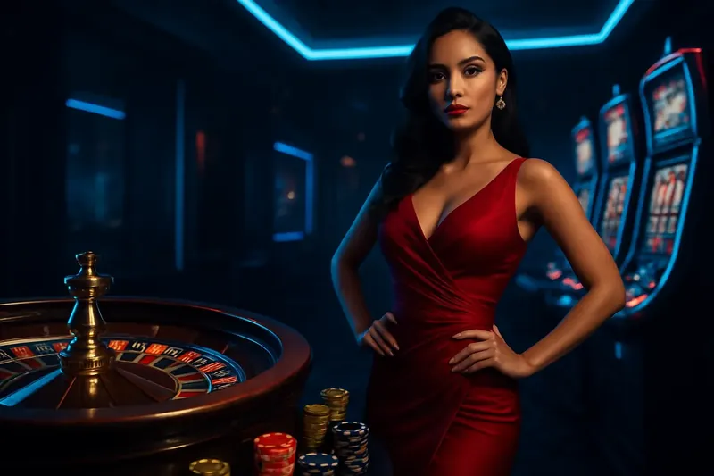 Bangladesh Casino Homepage Banner Elegant woman in red dress posing confidently near roulette and slot machines with gold coins and poker chips in a luxurious neon-lit Bangladeshi casino atmosphere