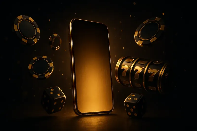 Casino Promo Banner Glowing smartphone surrounded by casino chips, slot reels, and dice on a dark luxurious background